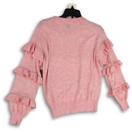 Womens Pink Tight-Knit Crew Neck Ruffle Long Sleeve Pullover Sweater Sz XS alternative image