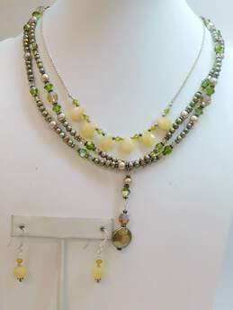 Artisan 925 Green Coin & Crystal Pearl Beaded Double Strand & Yellow Quartz Teardrops Chain Necklace & Matching Drop Earrings 48.7g
