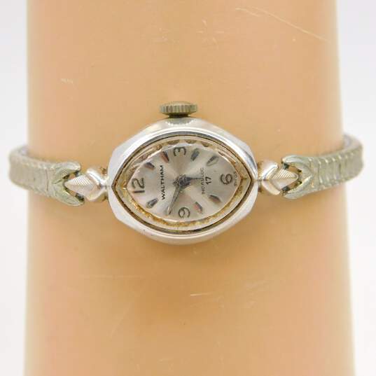 Vintage 14K White Gold Case Waltham 17 Jewel Swiss Mechanical Watch 13.4g image number 3