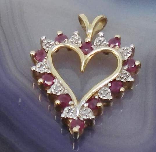 10K Yellow Gold Ruby Diamond Accent Open Heart Pendant 2.3g image number 5