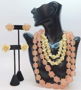Vintage Pink Cream & Faux Pearl Beaded Clip-On Earrings & Double Strand Necklaces 155.0g