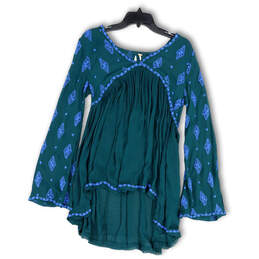 Womens Green Blue Embroidered V-Neck Long Sleeve Tunic Blouse Top Size XS