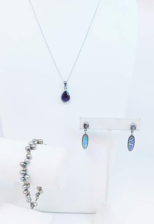 Artisan 925 Amethyst Faceted Teardrop Pendant Necklace Abalone Drop Post Earrings & Dark Pearl & Crystal Beaded Bracelet 16.8g image number 1