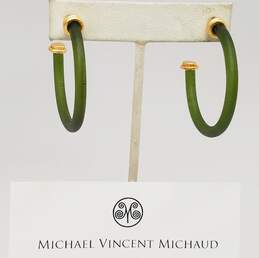 Michael Vincent Michaud Artisan Green Glass Hoop Earrings