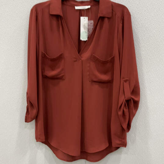 NWT Womens Red Stylish Pockets 3/4 Sleeve Collared Blouse Top Size Large image number 1