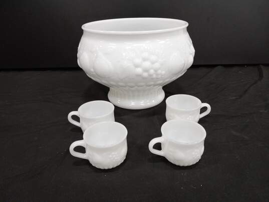 Milk Glass Fruit Themed Punch Bowl With 4 Matching Cups image number 1