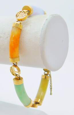 14K Gold Purple Green Orange & Yellow Jade & Onyx Curved Cylinder & Chinese Character Circles Linked Bracelet 22.3g alternative image