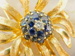 Vintage 14K Yellow Gold 0.25 CT Diamond & Sapphire Flower Brooch 24.0g alternative image