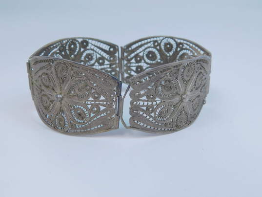 Vintage Mexico 925 Spun Silver Scrolled Flower Filigree Wide Paneled Bracelet For Repair 26.8g image number 1