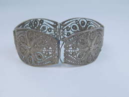 Vintage Mexico 925 Spun Silver Scrolled Flower Filigree Wide Paneled Bracelet For Repair 26.8g