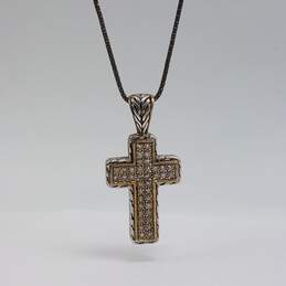 Sterling Silver Crystal Gold Tone Cross 15 3/4 Inch Pendant Necklace 12.2g