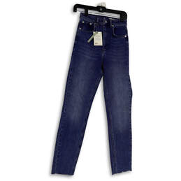 NWT Womens Blue Medium Wash Pockets Raw Hem Denim Skinny Leg Jeans 25/36