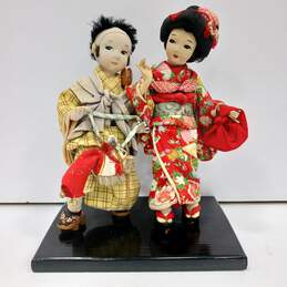 Vintage Boy & Girl Dolls in Kimono on Wooden Base