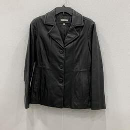 Avanti Womens Black Leather Long Sleeve Notch Collar Button Front Jacket Size PL
