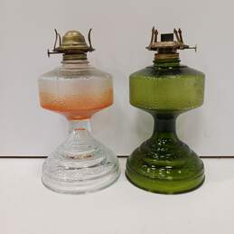 Vintage Bundle Tall Kerosene Hurricane Oil Lamp 18.25'' Green Glass and Pink
