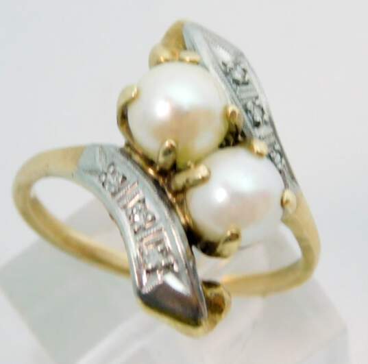 Romantic 10k Yellow Gold Double Stacked Pearl & Diamond Accent Ring 3.8g image number 1