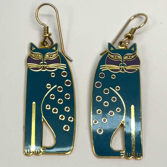 Designer Laurel Burch Gold-Tone Cat Turquoise Enamel Dangle Earrings image number 2