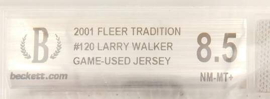 2001 HOF Larry Walker Fleer Tradition Graded Beckett 8.5 w/ Game Used Jersey Swatch Colorado Rockies image number 2