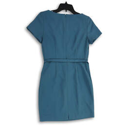 NWT Womens Blue Short Sleeve Round Neck Belted Back Zip Sheath Dress Size 8 alternative image