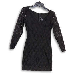 Womens Black Floral Lace Long Sleeve V-Neck Back Zip Sheath Dress Size 0