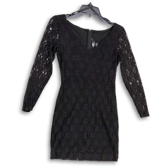 Womens Black Floral Lace Long Sleeve V-Neck Back Zip Sheath Dress Size 0 image number 1