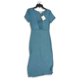 NWT Womens Blue Ribbed Short Sleeve Tie Neck Maxi Dress Size Medium