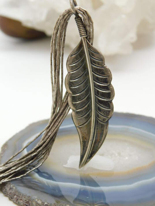 Artisan 925 Southwestern Stamped Feather Pendant Multi Strand Liquid Silver Chain Necklace 16.6g image number 1