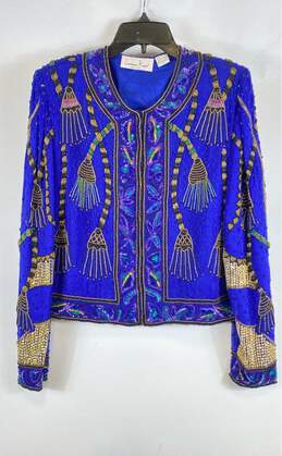 Laurence Kazar Womens Blue Long Sleeve Beaded Sequins Silk Basic Jacket Size M