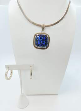 Sterling Silver Blue Art Glass Pendant Collar Necklace & Hoop Earrings 61.1g