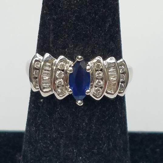 10K White Gold Clear & Blue Sapphire Sz 6.75 Ring 4.2g image number 2