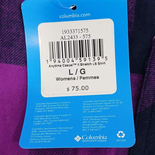 Columbia Women's Purple Plaid LS Button Up Shirt Size L NWT image number 4