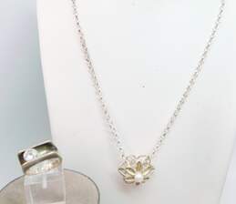 Taxco & Contemporary 925 & Vermeil Pearl Textured Flower Slide Pendant Rolo Chain Necklace & Modernist Cubic Zirconia Ring 19.9g