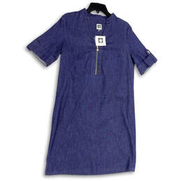 NWT Womens Blue Split Neck Short Sleeve Front Zip Shift Dress Size 10