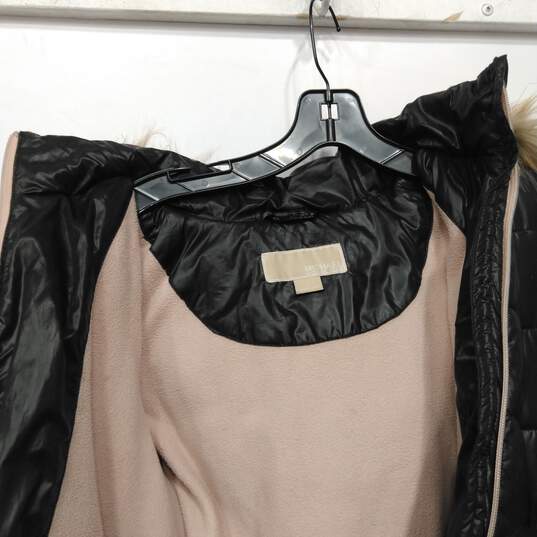 Womens Black Pink Mock Neck Pockets Full Zip Fur Hoodie Puffer Jacket Size 14 image number 3
