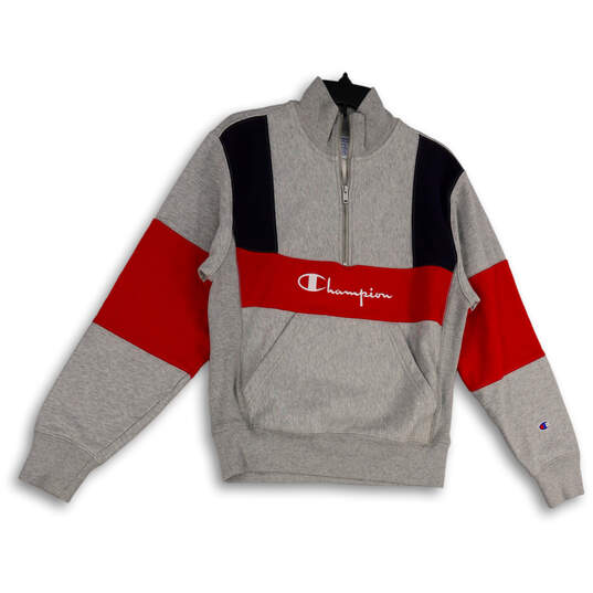 Mens Gray Long Sleeve Quarter Zip Kangaroo Pocket Pullover Sweatshirt Sz S image number 1