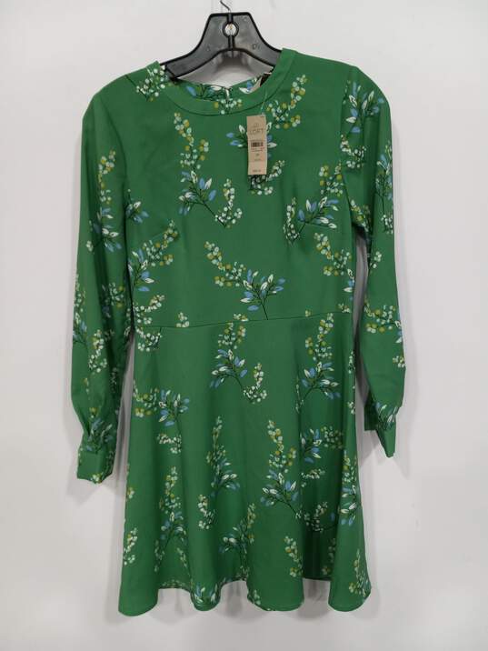 Loft Green Floral Pattern Long Sleeve A-Line Style Dress Petites Size 0 - NWT image number 1