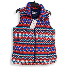 NWT Womens Blue Red Fair Isle Mock Neck Full-Zip Puffer Vest Size M 10-12