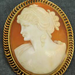 Antique 14K Yellow Gold Carved Shell Cameo Brooch Pendant 9.1g