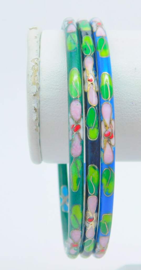 Vintage Cloisonné Colorful Floral Enamel Bangle Bracelets 61.1g image number 3