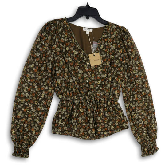 NWT Womens Brown Floral V-Neck Long Sleeve Elastic Waist Blouse Top Size M image number 1
