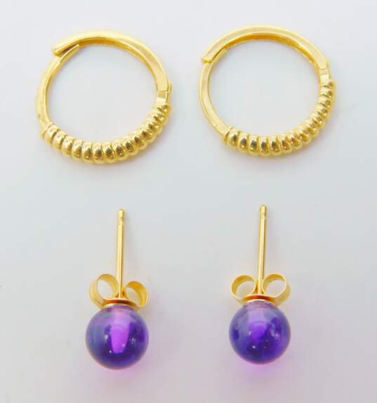 14K Gold Amethyst Ball Bead Post & Ridged Huggie Hoop Earrings 1.8g image number 4