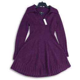 NWT BR Womens Purple Knitted Spread Collar Long Sleeve Short Mini Dress Size M