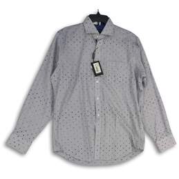 NWT Bugatchi Mens Gray Blue Spotted Collared Long Sleeve Button-Up Shirt Size M