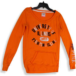 Womens Orange Graphic Print Long Sleeve Pockets Pullover Sweatshirt Size S