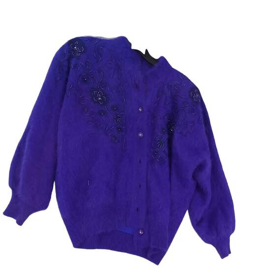 Womens Purple Wool Long Sleeve Crew Neck Cardigan Sweater Free Size image number 1