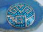 Vintage Taxco & Mexico 925 Faux Turquoise Chips Enamel Inlay Etched Greek Key Disc Pendant Brooch & Wide Cuff Bracelet 36.6g image number 4