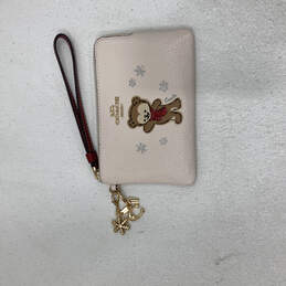Womens Beige Corner Zip Holiday Bear Snowflake Motif Charm Wristlet Wallet