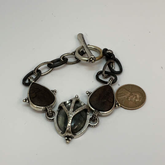 Designer Lucky Brand Silver-Tone Caged Gem Peace Sign Toggle Chain Bracelet image number 3