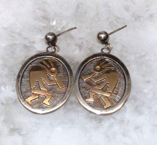 Hopi Artisan Watson Honanie Signed Sterling Silver 14K Yellow Gold Accent Kokopelli Earrings - 8.00g image number 1