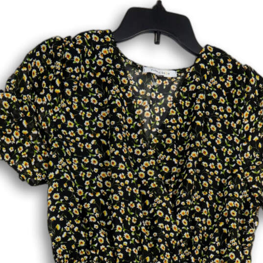 Womens Black Floral Short Sleeve V-Neck Tiered Fit & Flare Dress Size L image number 4